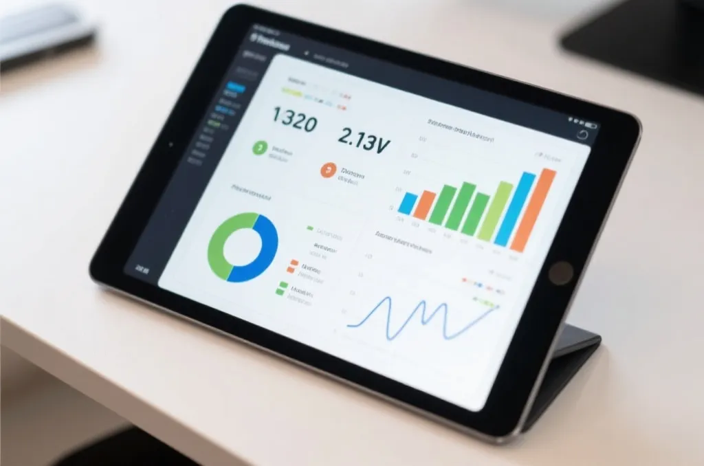 A close-up of a digital tablet displaying sports statistical charts and graphs on a clean desk